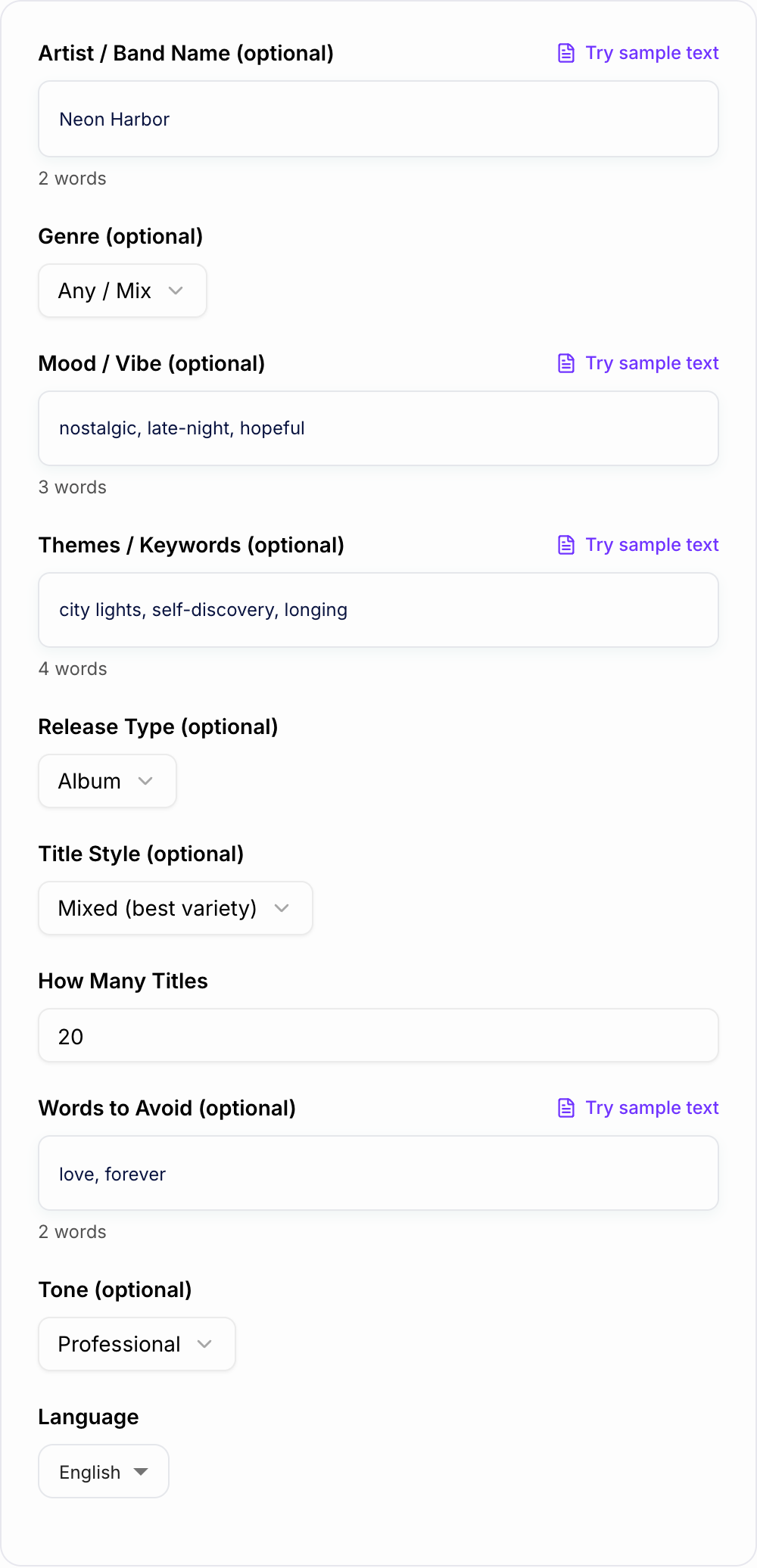 Screenshot of the AI Album Title Generator workspace