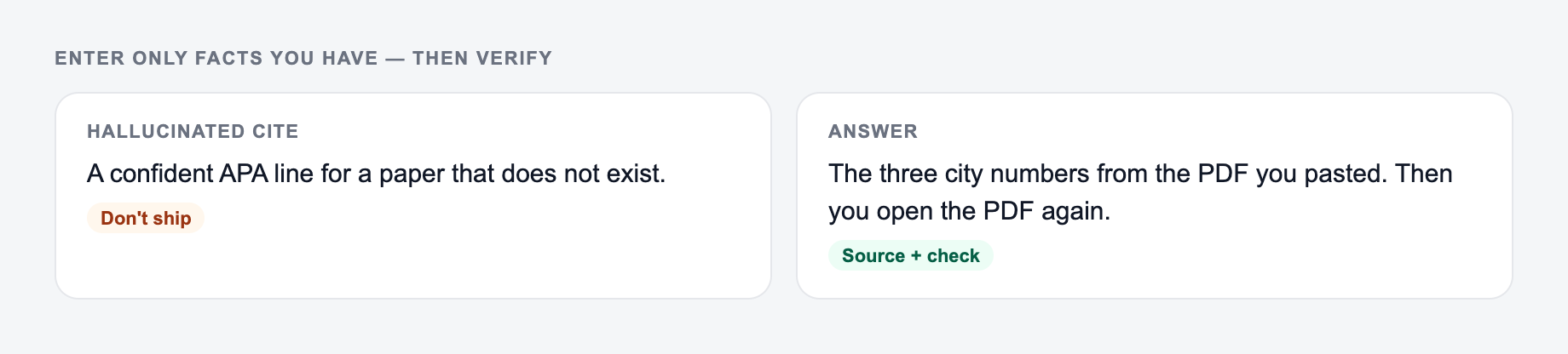 Screenshot from the AI Answer Generator showing an answer that uses only facts you pasted, then asks you to check them