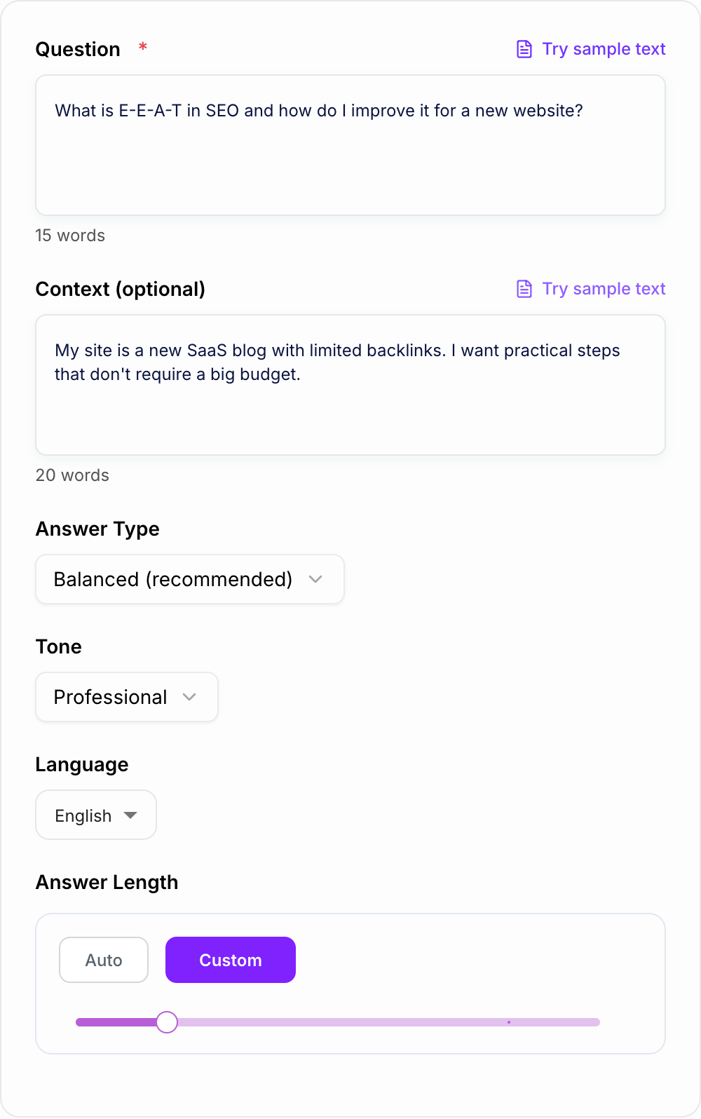 Screenshot of the AI Answer Generator form