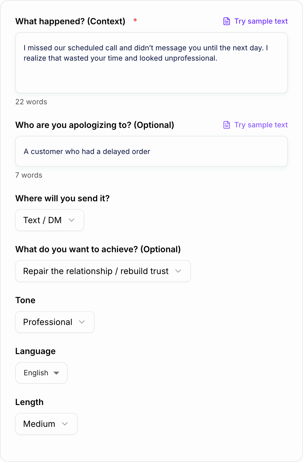 Screenshot of the AI Apology Generator form with the incident, audience, and a realistic repair step filled in