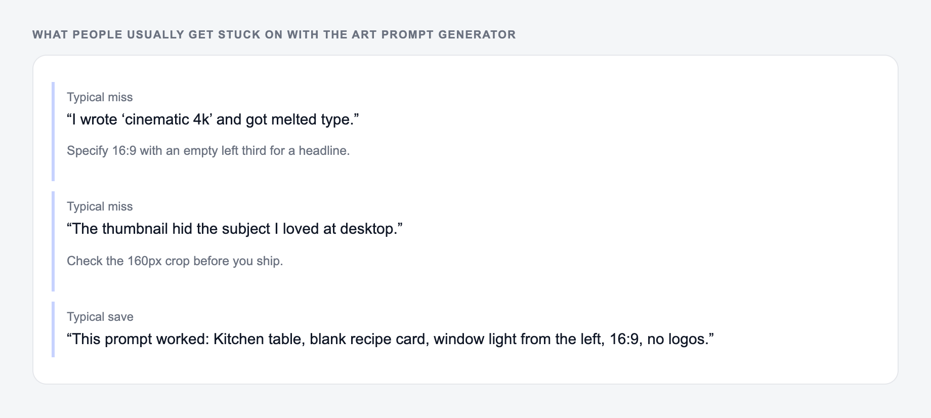Screenshot of three review notes about the Art Prompt Generator, including a complaint that the draft invented logos you did not ask for and a save that locked no logos and the left-third gap