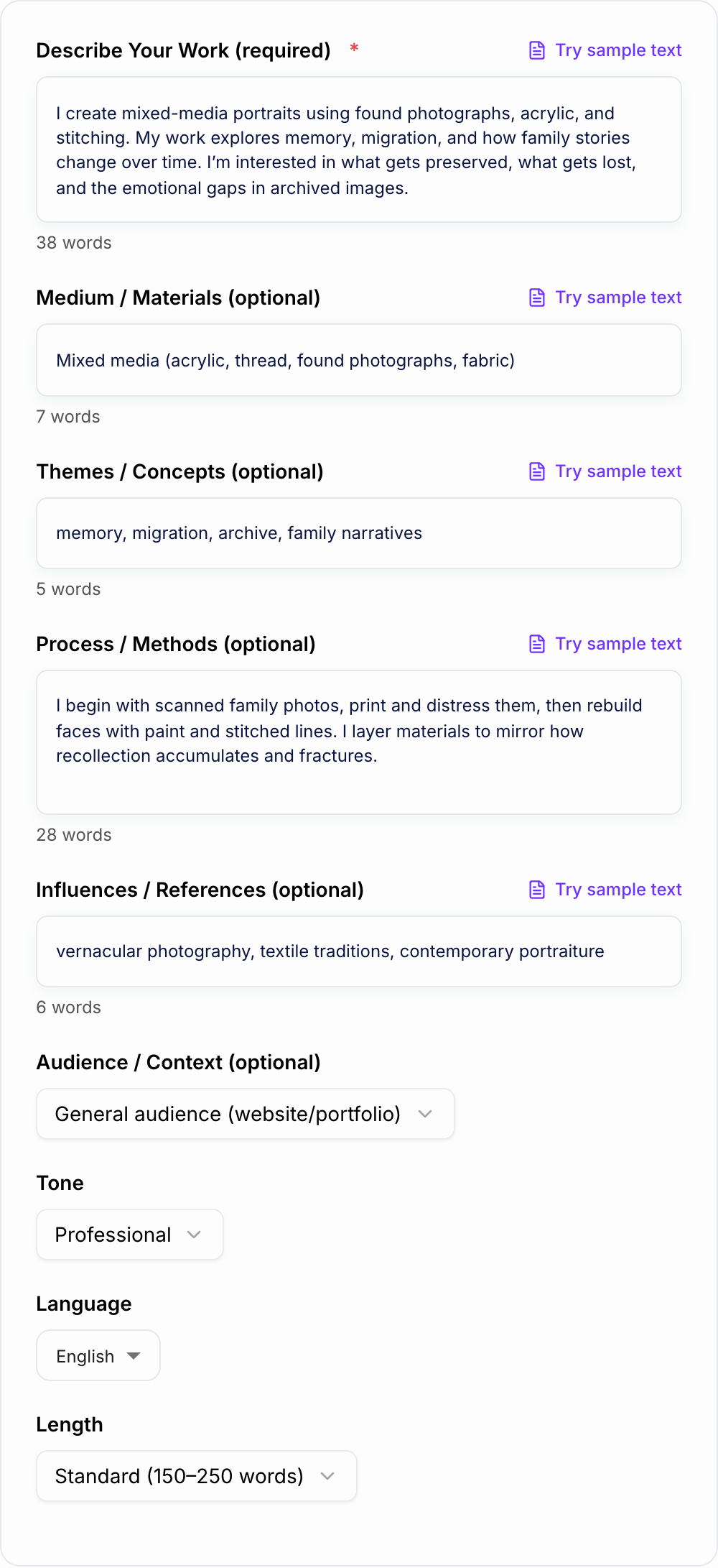 Screenshot of the AI Artist Statement Generator form