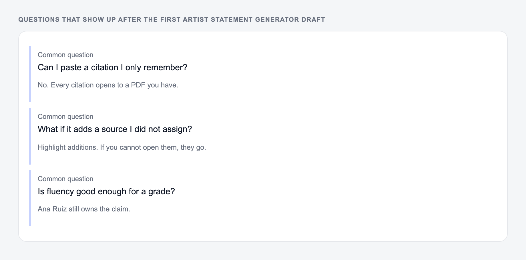 Screenshot of three common questions people ask after generating with the Artist Statement Generator, including what to lock (author names, year, and the DOI) and when to stop