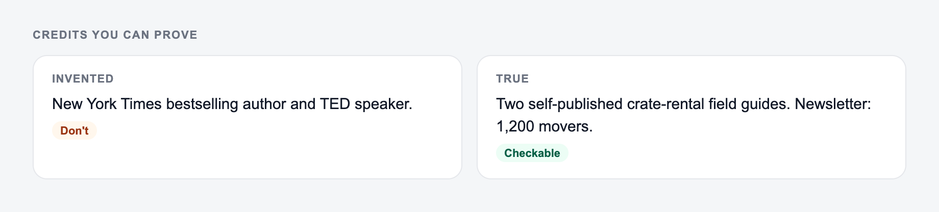 Screenshot from the AI Author Bio Generator showing an author bio with credits you can point to, versus passionate-writer fog