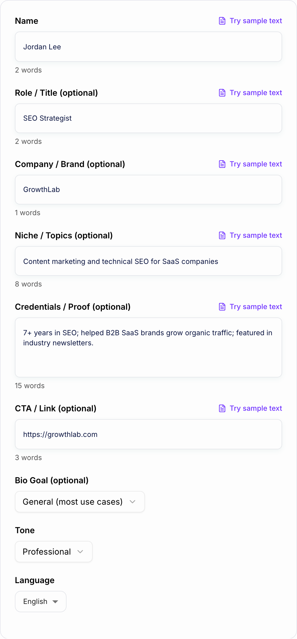 Screenshot of the AI Author Bio Generator workspace