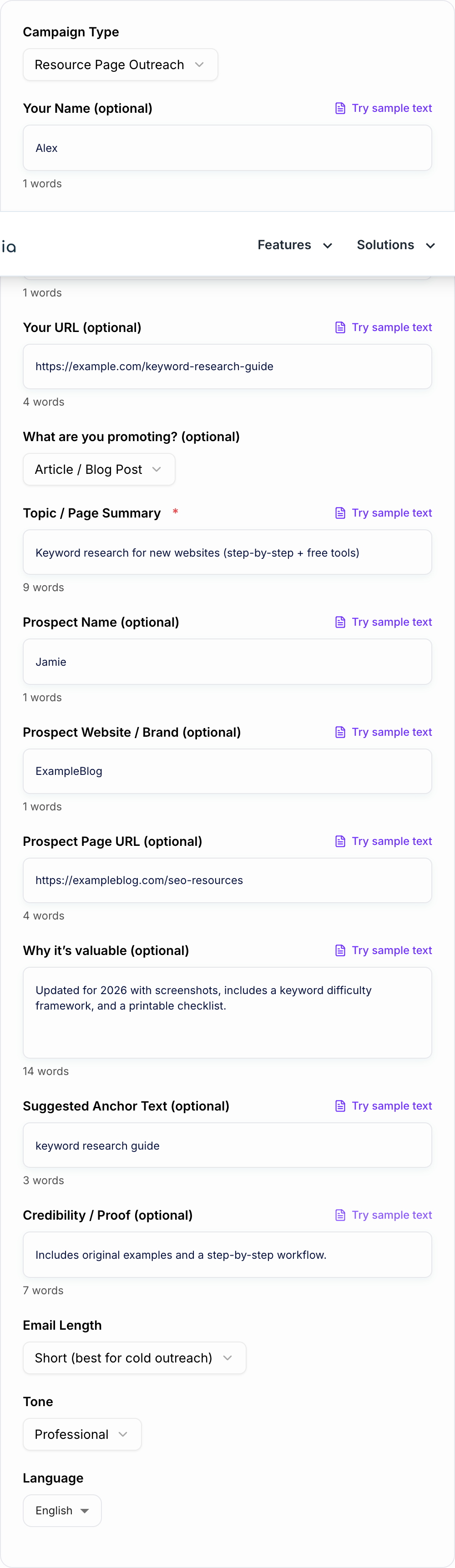 Screenshot of the AI Backlink Outreach Email Generator form