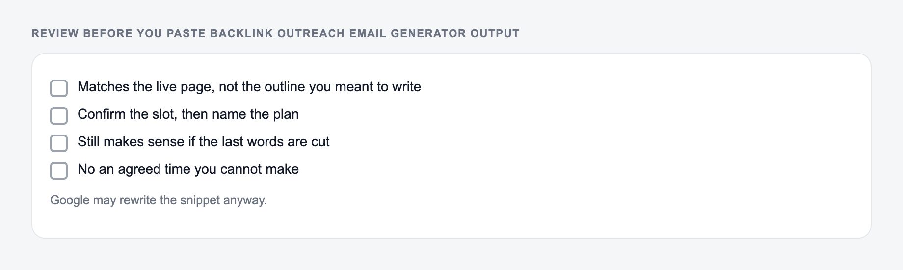 Screenshot of a four-item review checklist for Backlink Outreach Email Generator output, covering what must stay true and what the draft is not allowed to invent