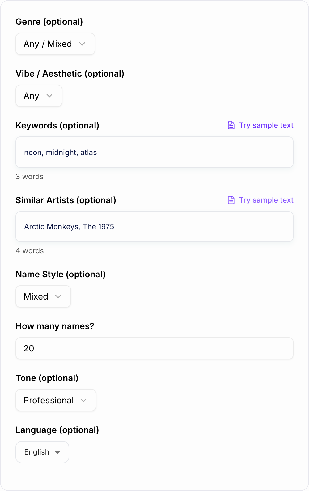 Screenshot of the AI Band Name Generator form