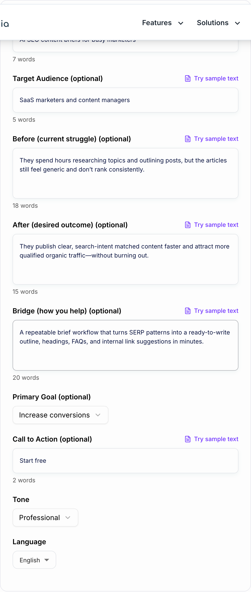 Screenshot of the AI Before-After-Bridge Framework Generator form with before state, after state, and offer filled in