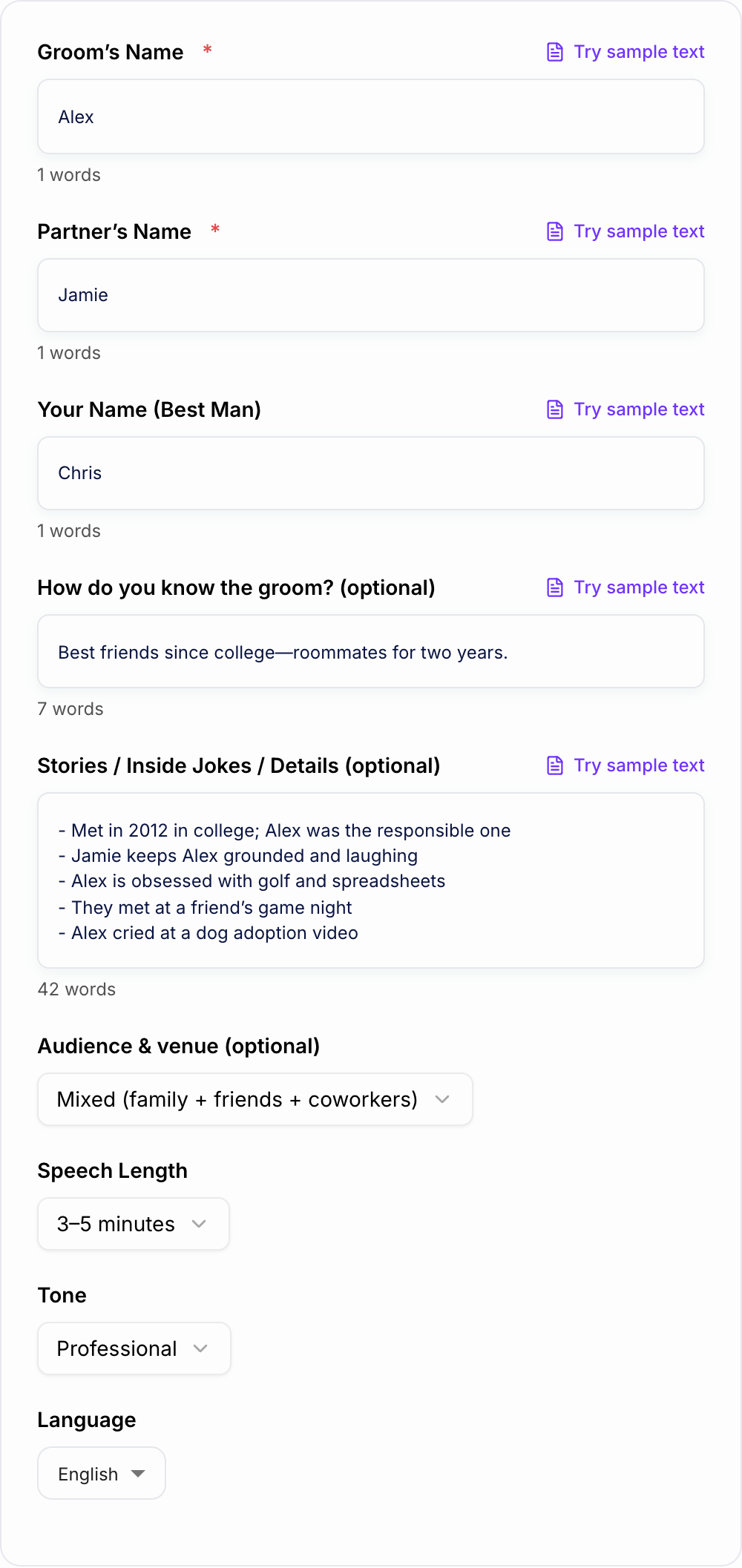 Screenshot of the AI Best Man Speech Generator form with stories, tone, and a time limit filled in