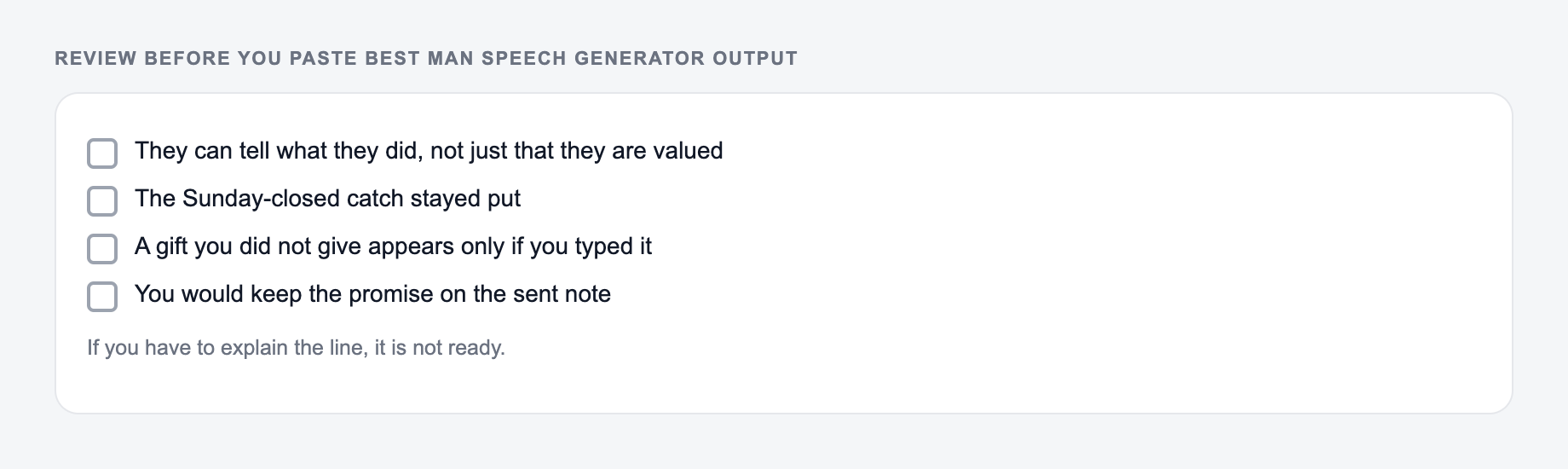 Screenshot of a four-item review checklist for Best Man Speech Generator output, covering what must stay true and what the draft is not allowed to invent