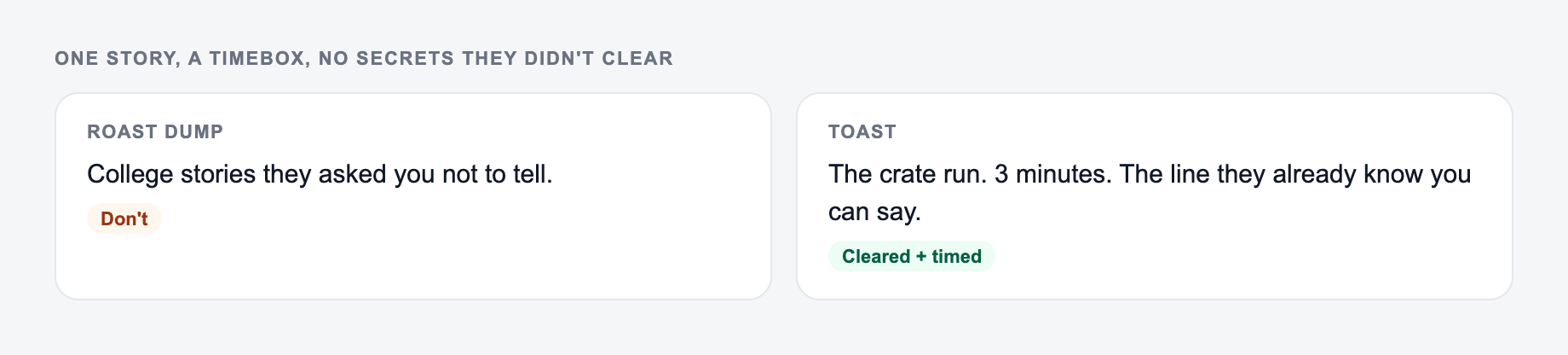 Screenshot from the AI Best Man Speech Generator showing a best-man toast with one story, versus you-are-the-best
