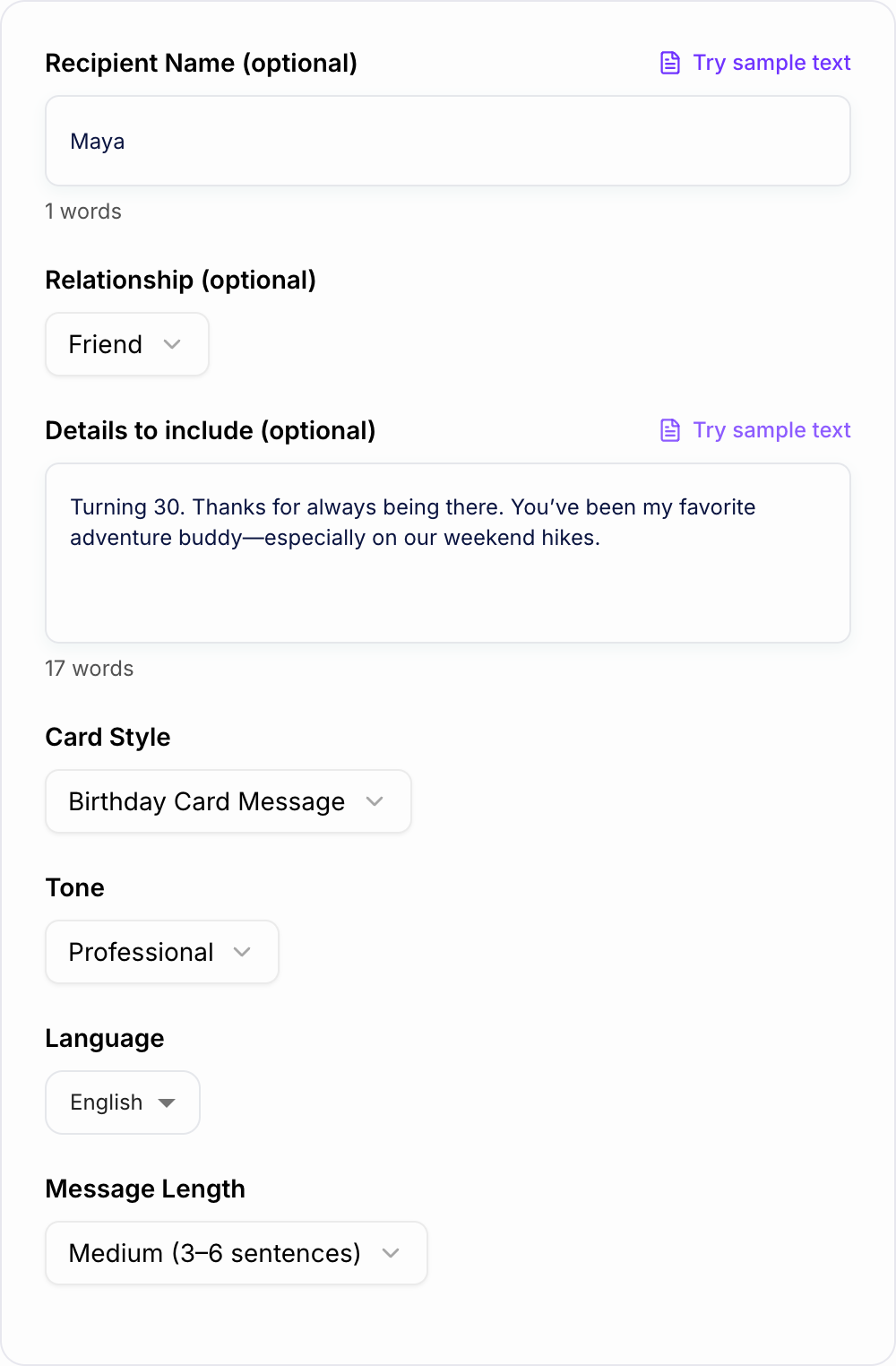 Screenshot of the AI Birthday Card Creator form