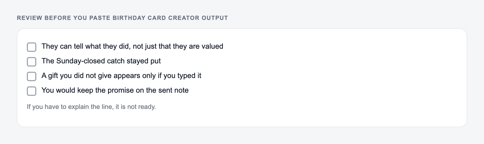 Screenshot of a four-item review checklist for Birthday Card Creator output, covering what must stay true and what the draft is not allowed to invent