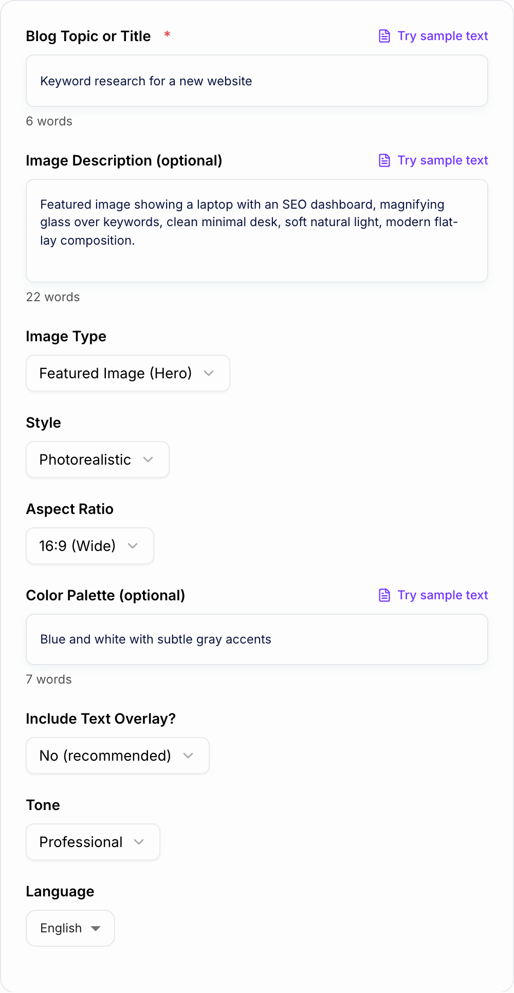 Screenshot of the AI Blog Image Generator form with a content-audit hero prompt and aspect-ratio settings filled in