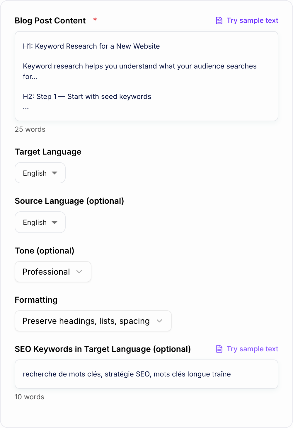 Screenshot of the AI Blog Post Translator generator form with a sample keyword-research article, language settings, and French SEO keywords filled in