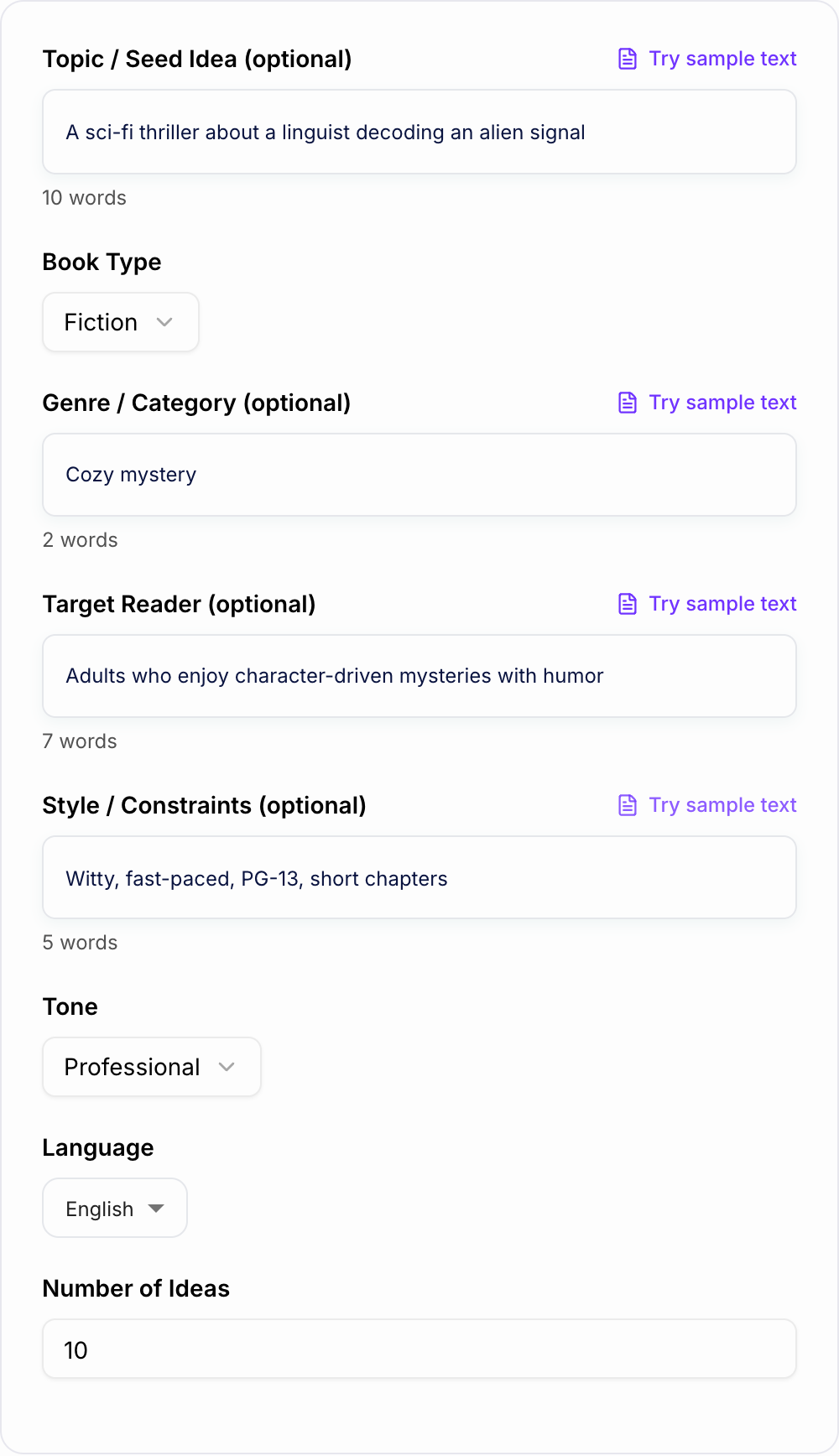 Screenshot of the AI Book Idea Generator form with genre, audience, and theme fields filled in