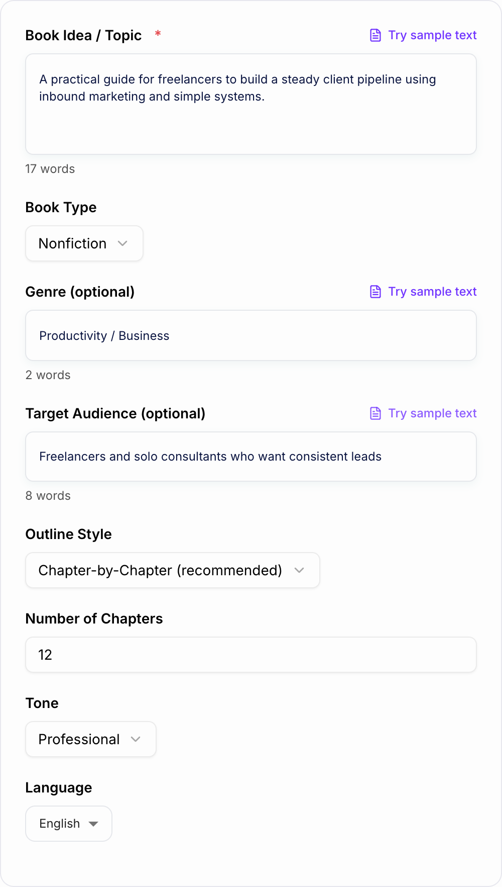 Screenshot of the AI Book Outline Generator form