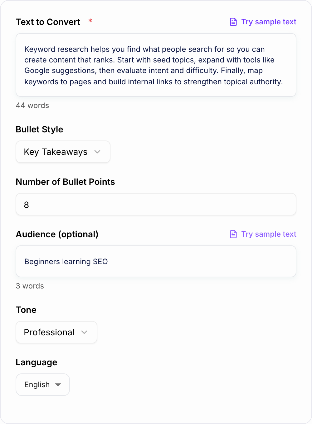 Screenshot of the AI Bullet Points Generator workspace