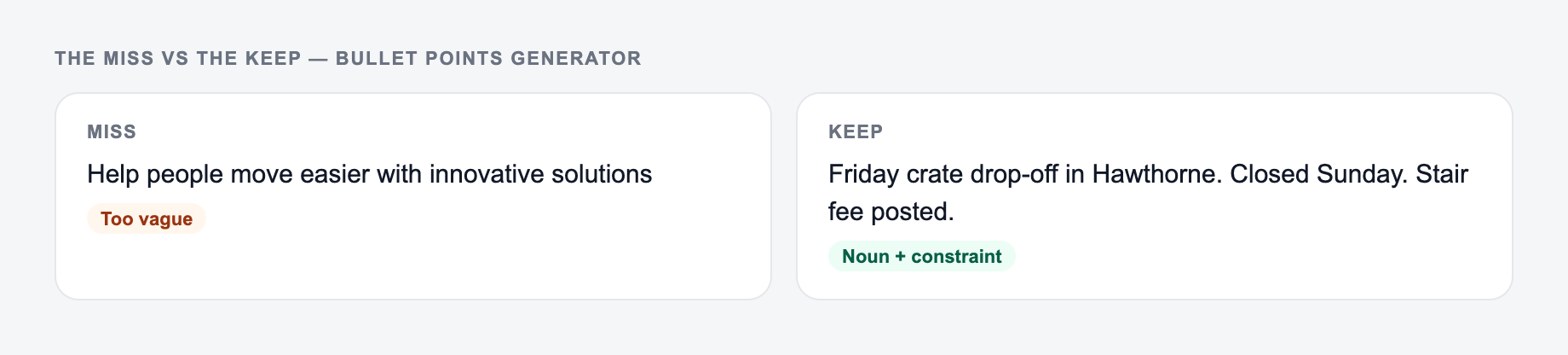 Screenshot comparing a weak Bullet Points Generator brief (“Help people move easier with innovative solutions”) with a stronger one that names reusable moving crates and Friday drop-off, closed Sunday