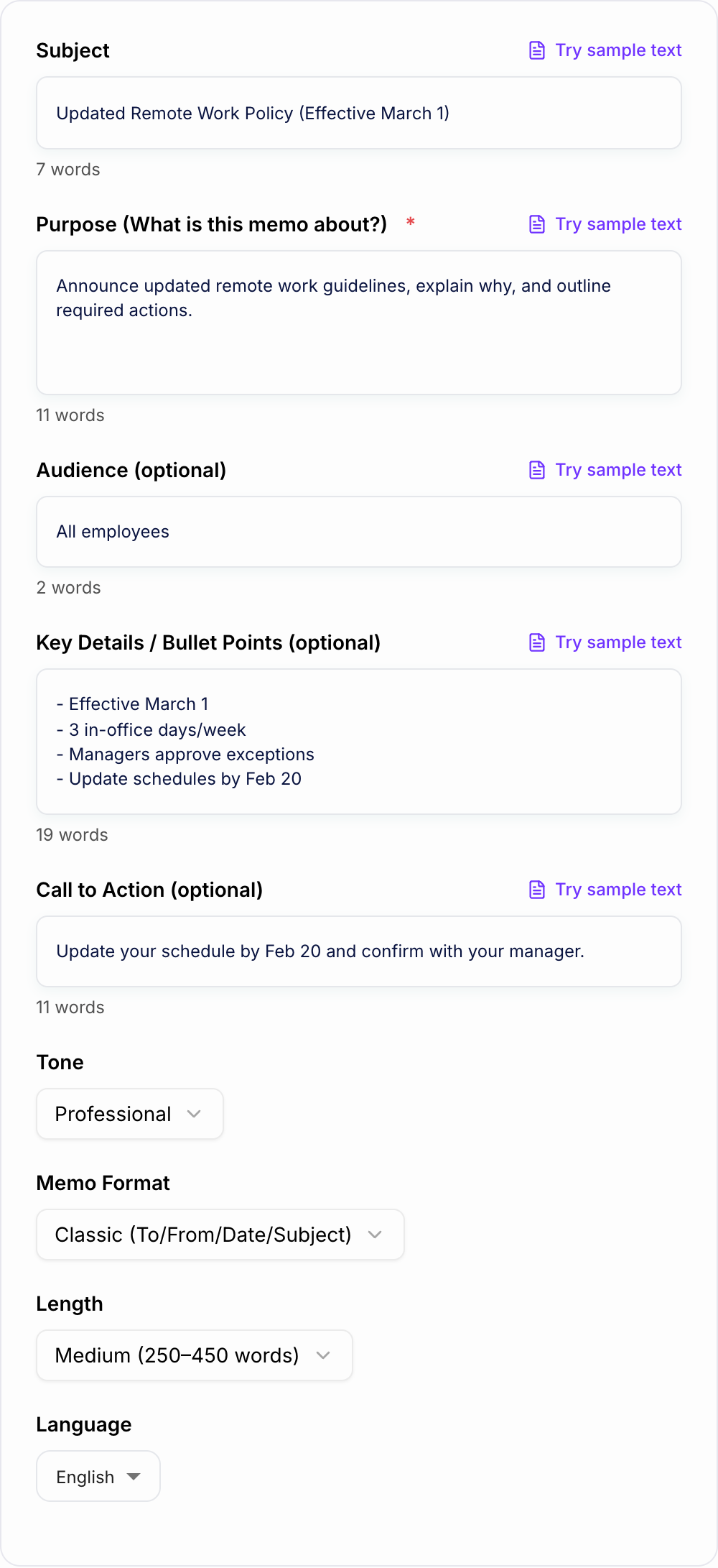 Screenshot of the AI Business Memo Generator form