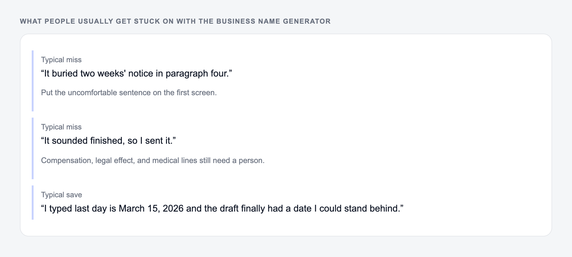 Screenshot of three review notes about the Business Name Generator, including a complaint that the draft invented two weeks' notice and a save that locked March 15, 2026 and the manager's name