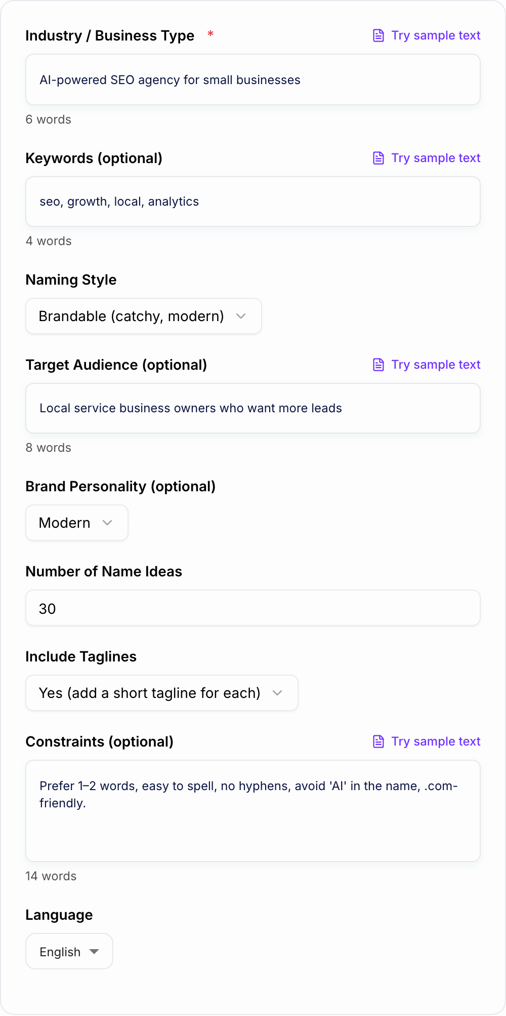 Screenshot of the AI Business Name Generator form with a bookkeeping-for-designers brief and naming style filled in