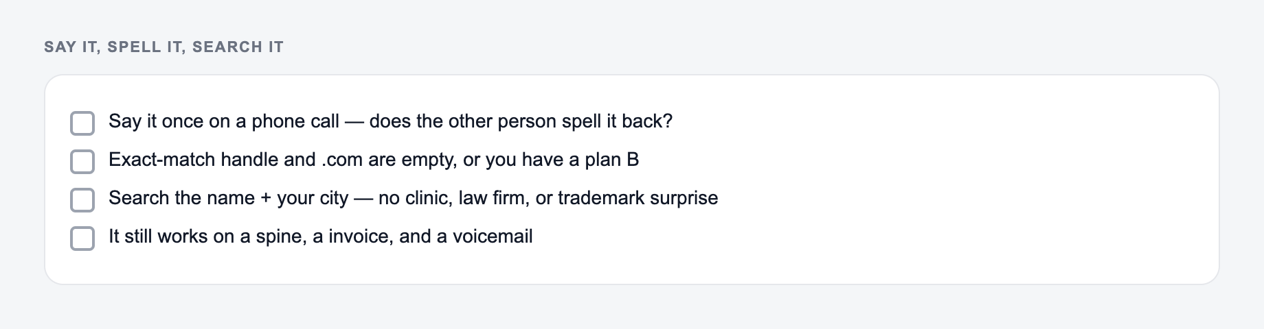 Scorecard used with the AI Business Name Generator