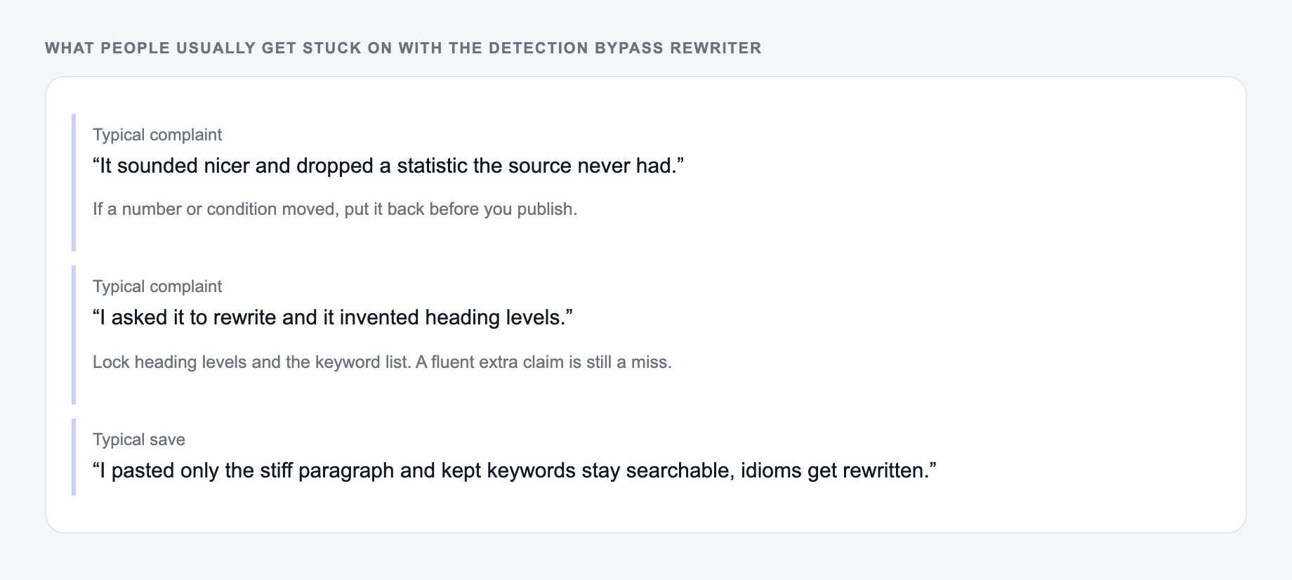 Screenshot of three review notes about the Detection Bypass Rewriter, including a complaint that the draft invented a statistic the source never had and a save that locked heading levels and the keyword list