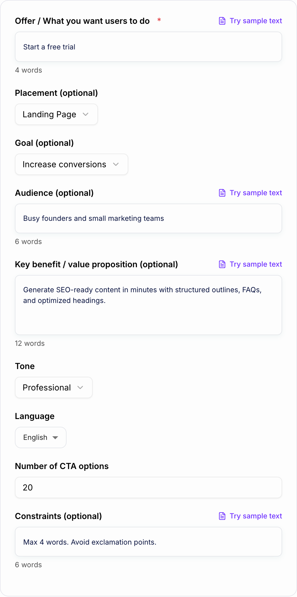 Screenshot of the AI Call To Action Generator form with offer, audience, and funnel-stage fields completed