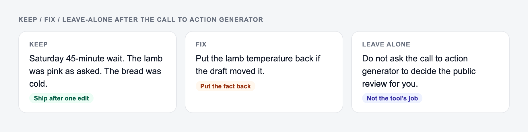 Screenshot of a keep / fix / leave-alone guide for the Call To Action Generator: keep the line that names the Saturday wait, put the lamb temperature back, and do not outsource the public review