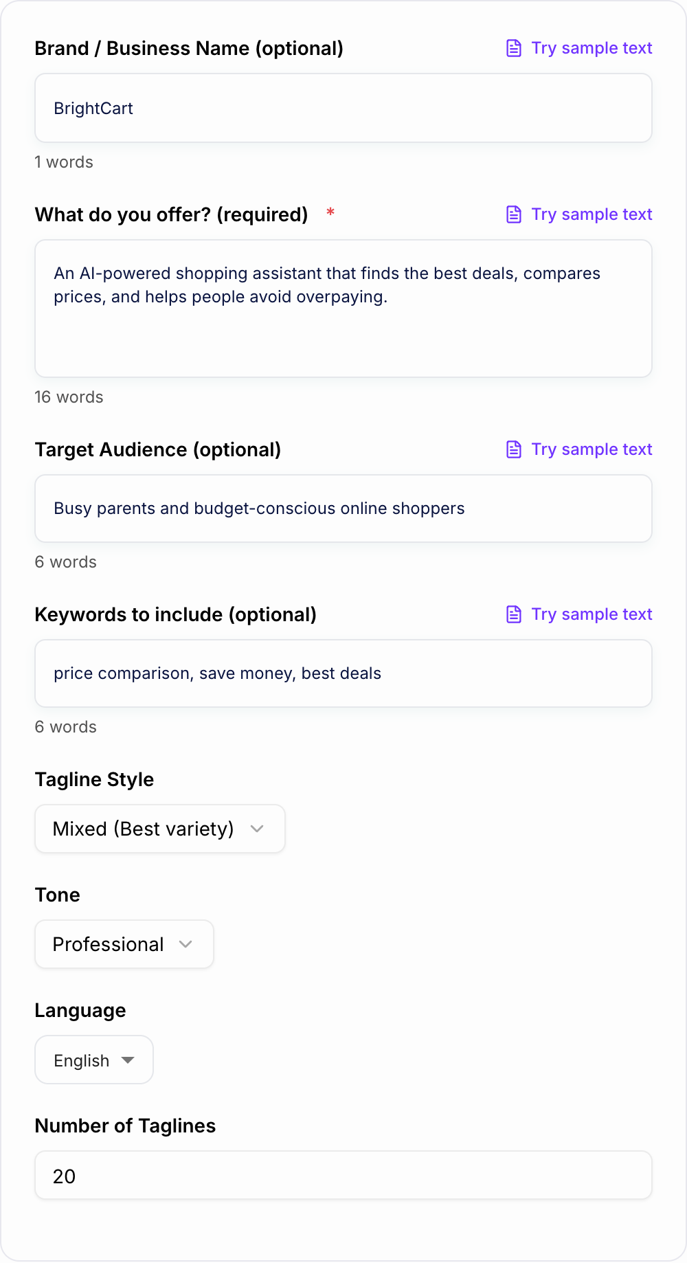 Screenshot of the AI Catchy Tagline Generator workspace