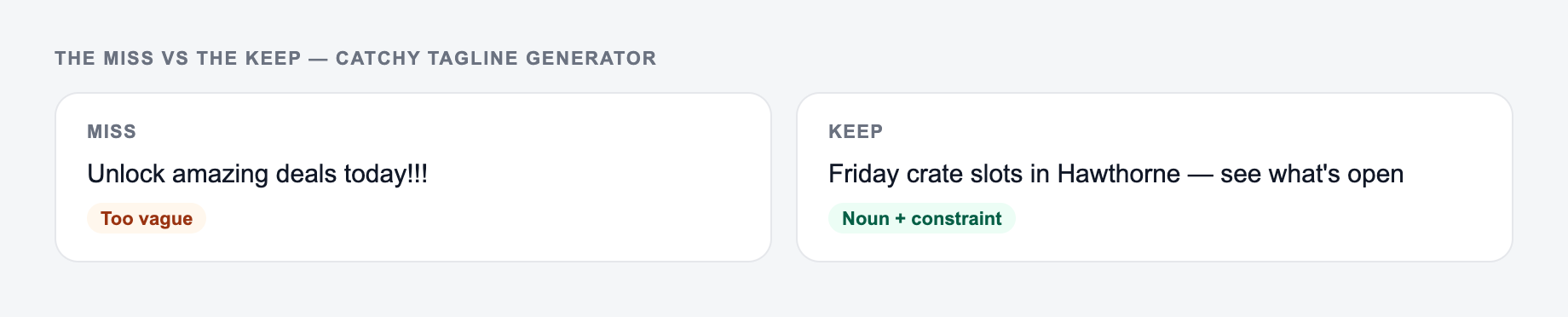 Screenshot comparing a weak Catchy Tagline Generator brief (“Unlock amazing deals today!!!”) with a stronger one that names headline 1 and the landing page must keep the promise