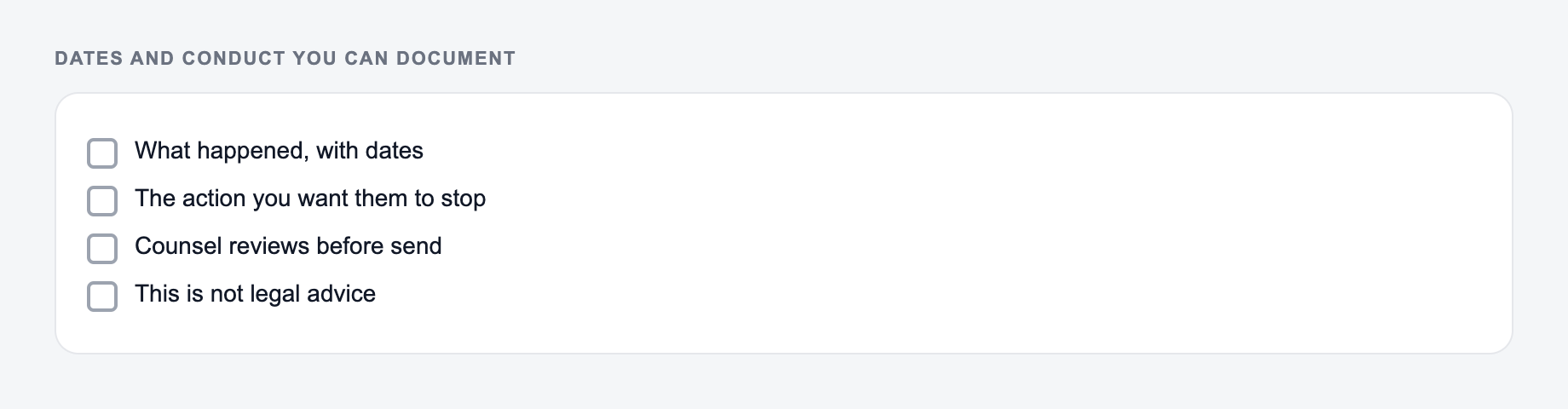 Screenshot from the AI Cease and Desist Letter Generator showing a cease-and-desist that names the work and the ask — draft only
