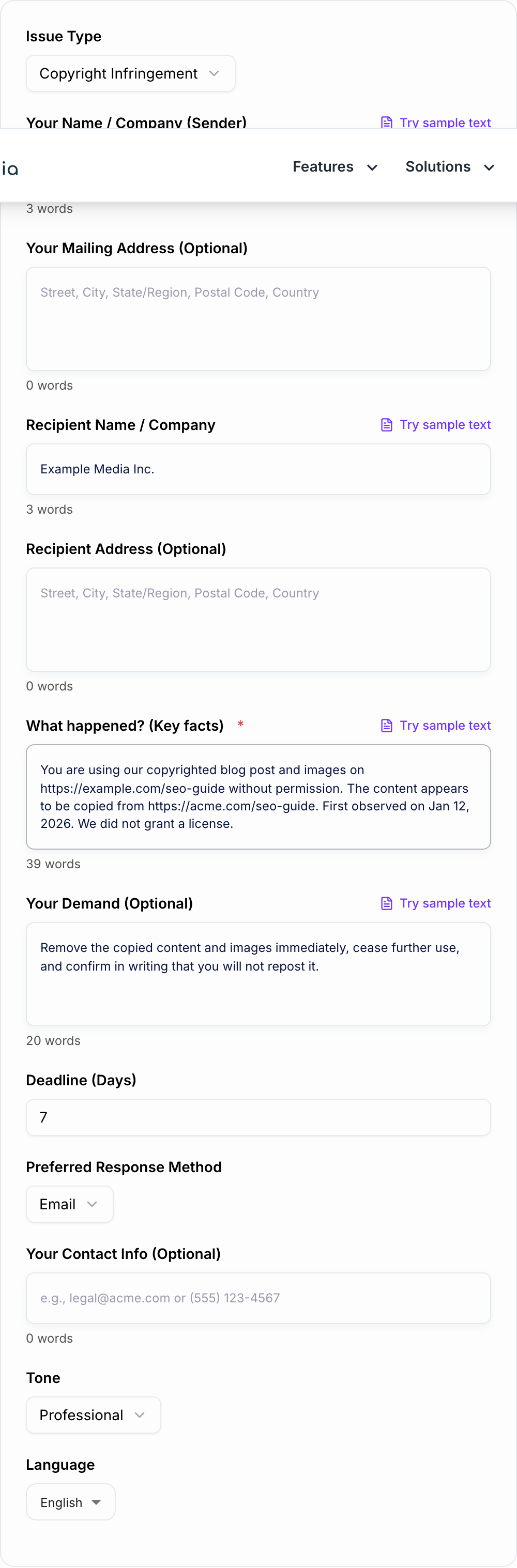 Screenshot of the AI Cease and Desist Letter Generator form with the conduct, dates, and requested action filled in