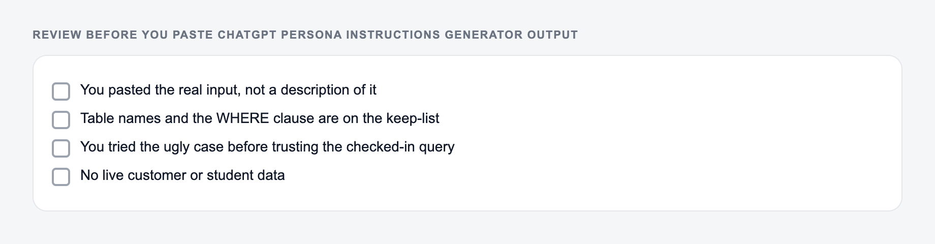 Screenshot of a four-item review checklist for ChatGPT Persona Instructions Generator output, covering what must stay true and what the draft is not allowed to invent