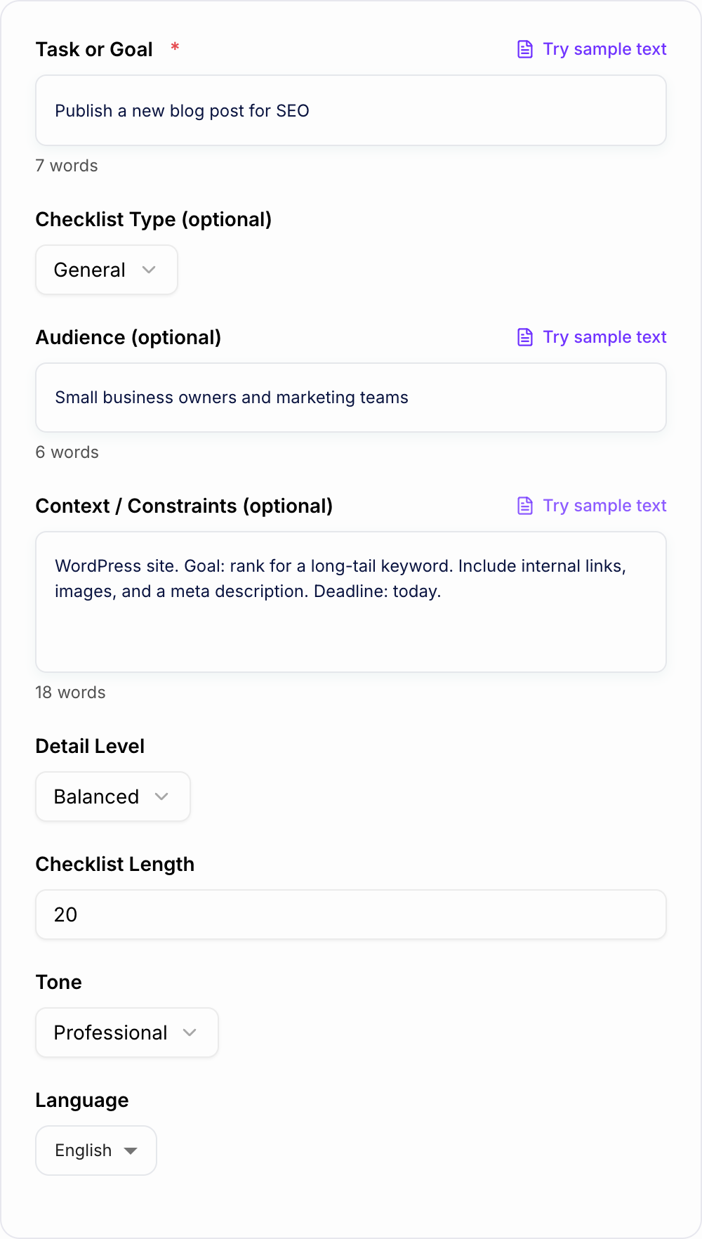 Screenshot of the AI Checklist Generator workspace