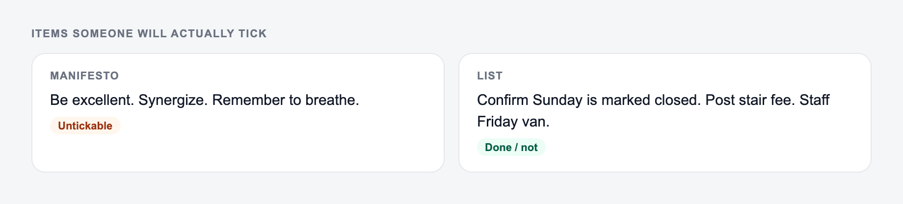 Screenshot from the AI Checklist Generator showing a checklist someone can actually tick, versus be-excellent