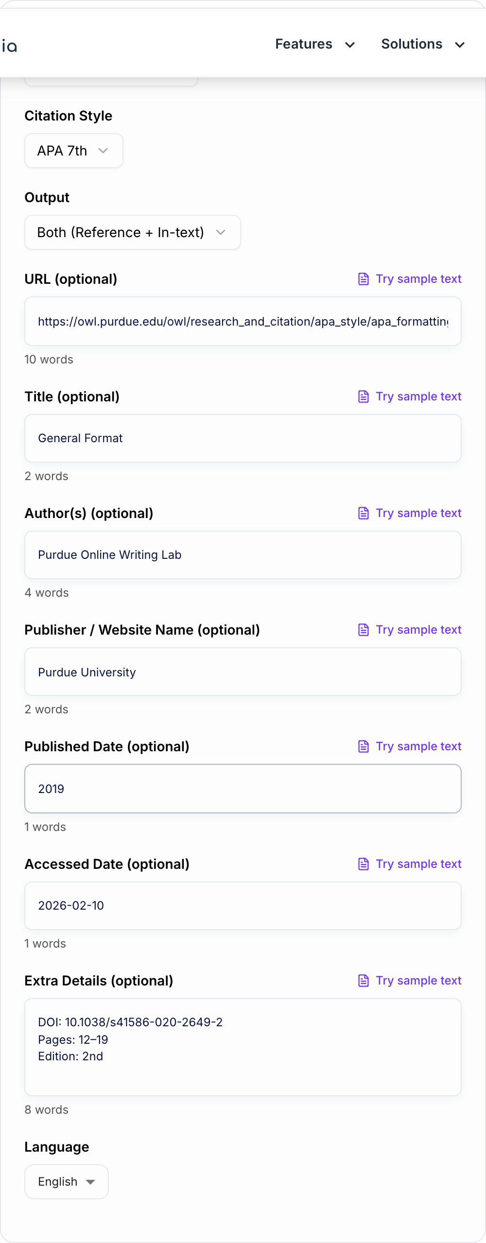 Screenshot of the AI Citation Generator form