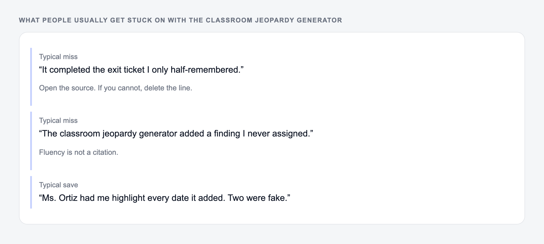 Screenshot of three review notes about the Classroom Jeopardy Generator, including a complaint that the draft invented 12 minutes and a save that locked the Friday reading and the 12-minute window