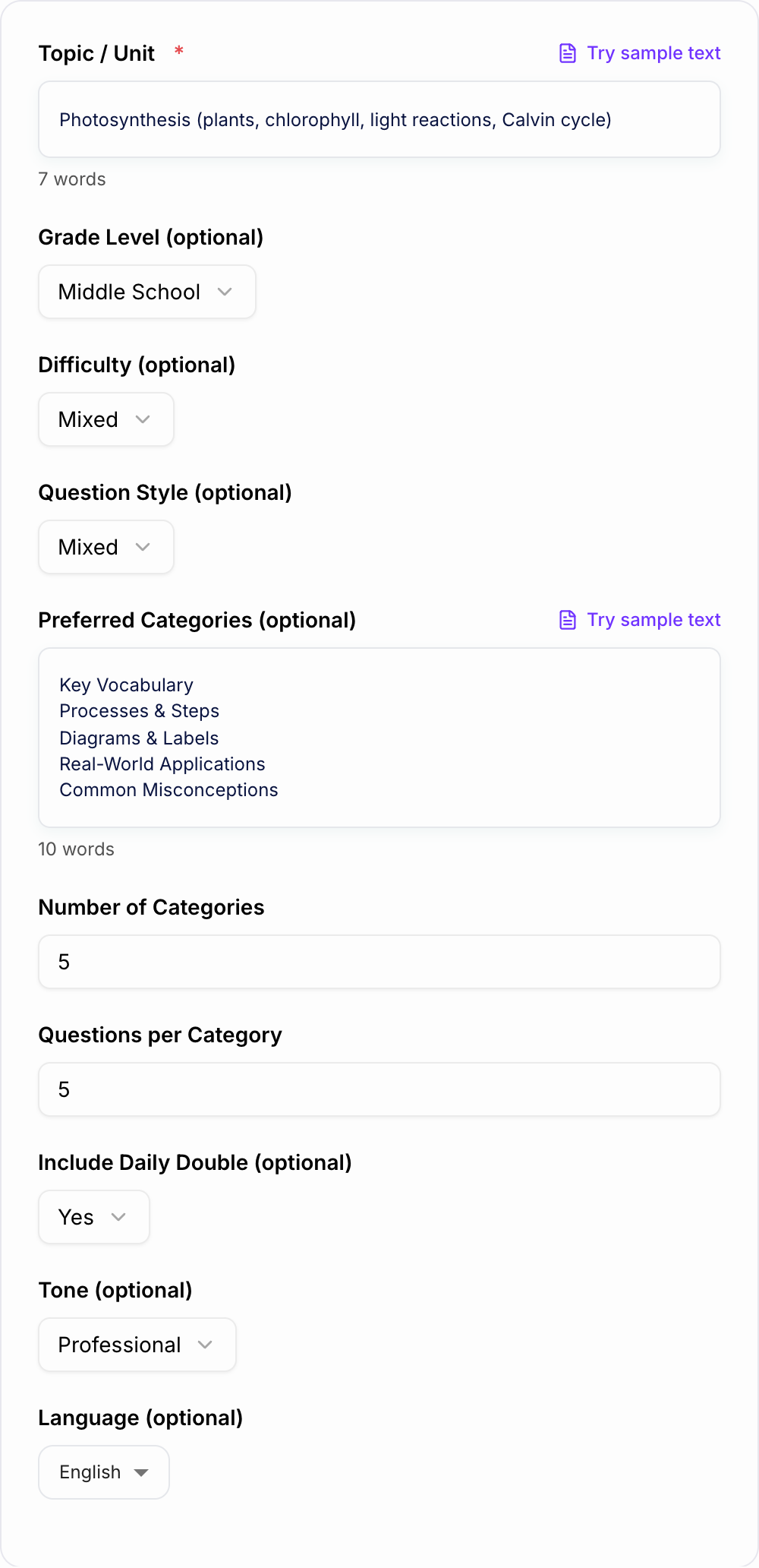 Screenshot of the AI Classroom Jeopardy Generator form with topic, grade, and category fields filled in