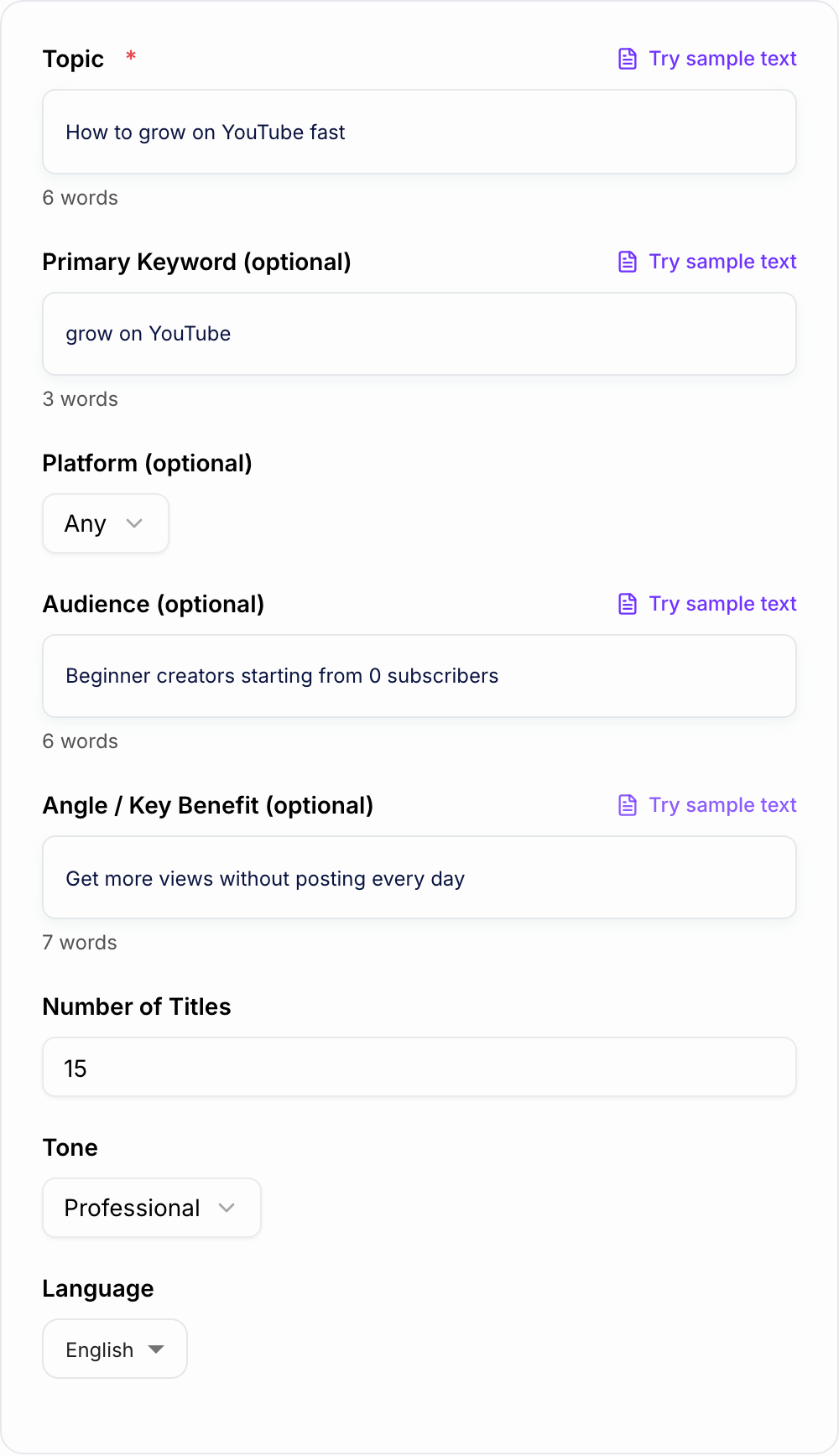 Screenshot of the AI Clickbait Title Generator form