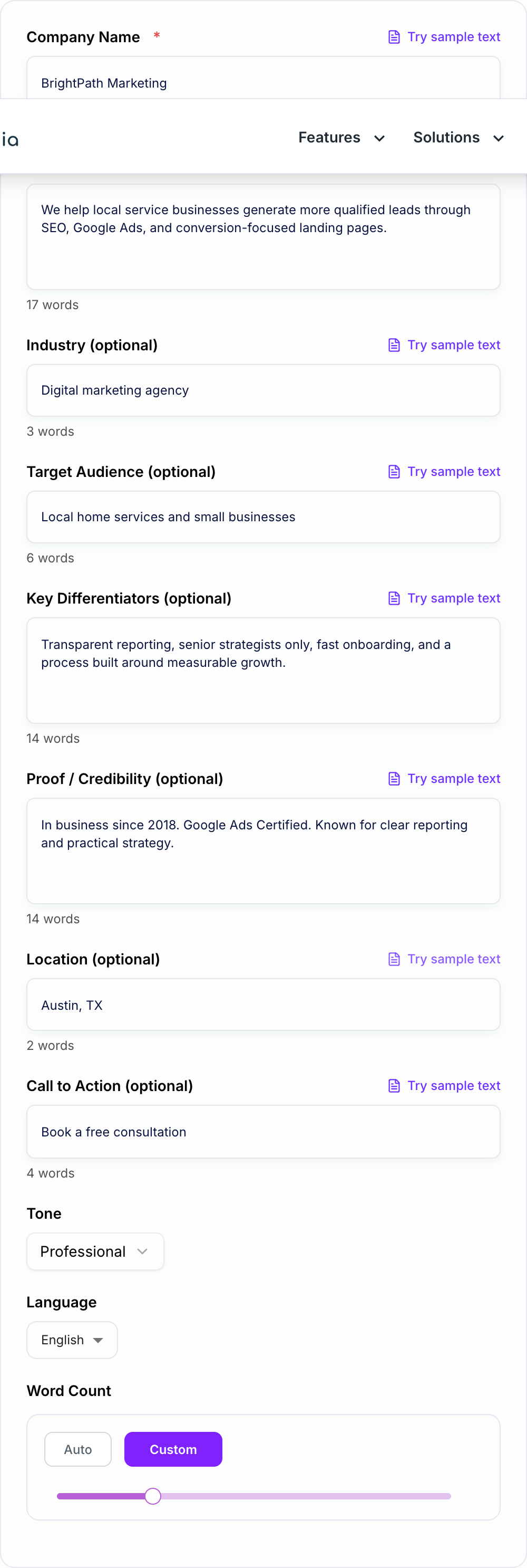 Screenshot of the AI Company Bio Generator form with company, audience, and length filled in