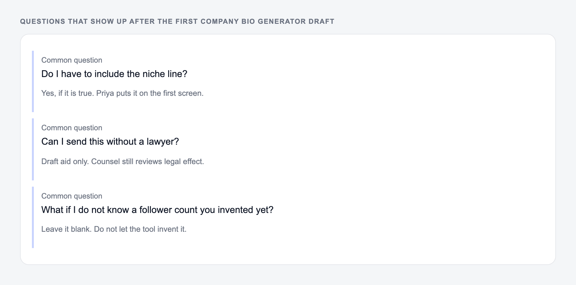 Screenshot of three common questions people ask after generating with the Company Bio Generator, including what to lock (the place and the pre-order rule) and when to stop