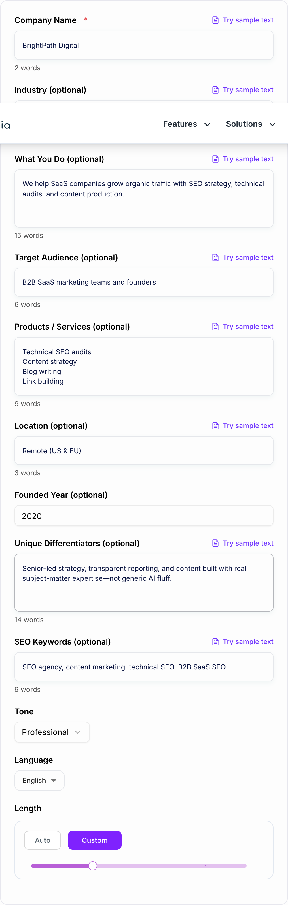 Screenshot of the AI Company Profile Generator form with company facts, audience, and profile mode filled in