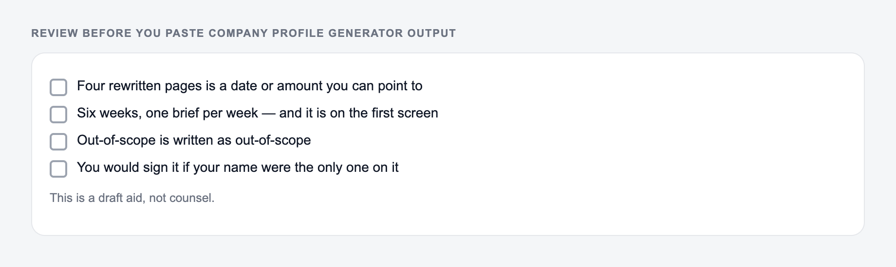 Screenshot of a four-item review checklist for Company Profile Generator output, covering what must stay true and what the draft is not allowed to invent