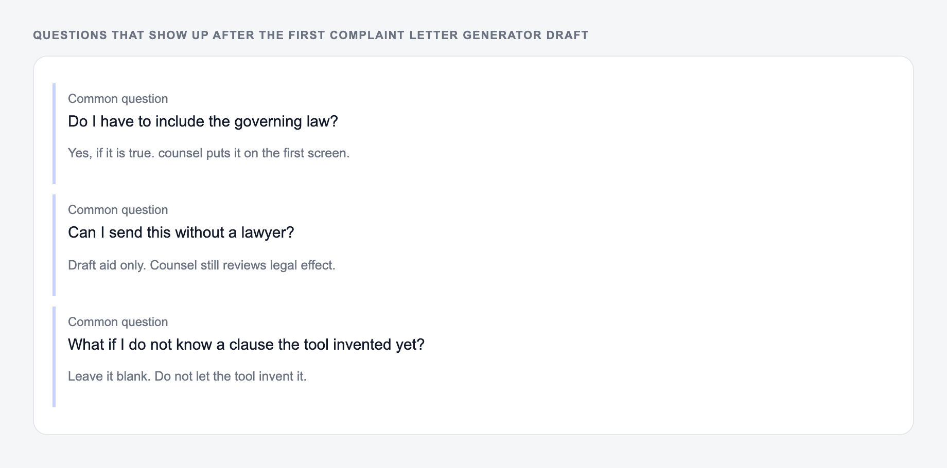 Screenshot of three common questions people ask after generating with the Complaint Letter Generator, including what to lock (Oregon and the 14-day notice) and when to stop