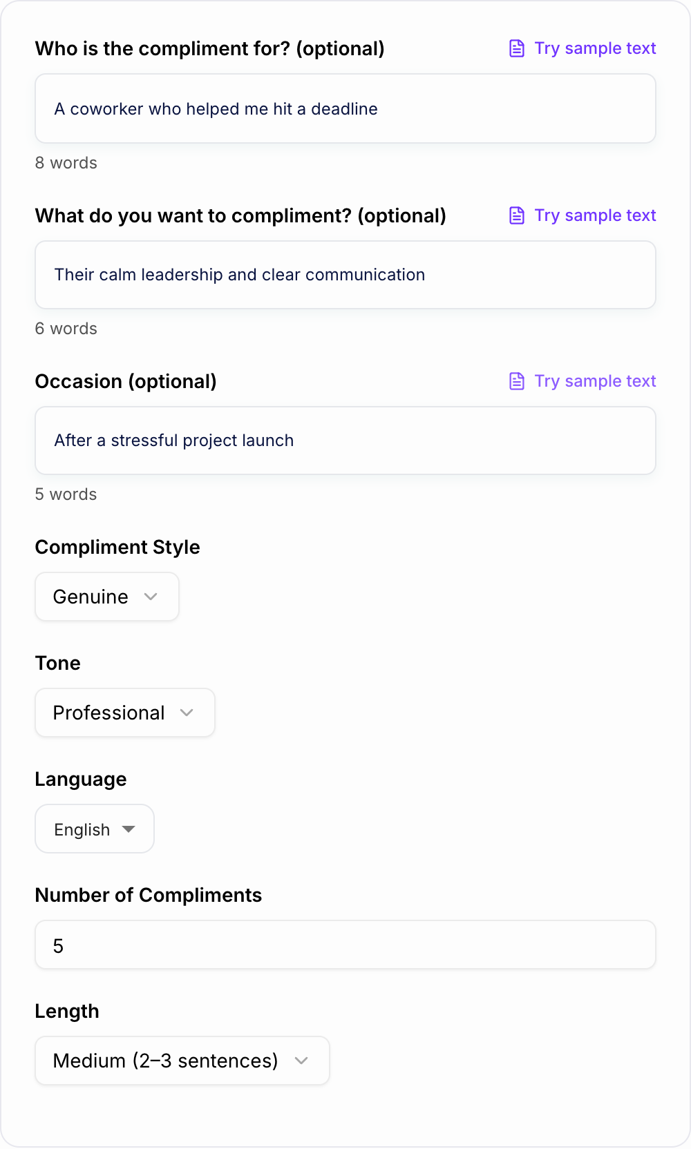 Screenshot of the AI Compliment Generator form with the person, specific detail, and tone filled in
