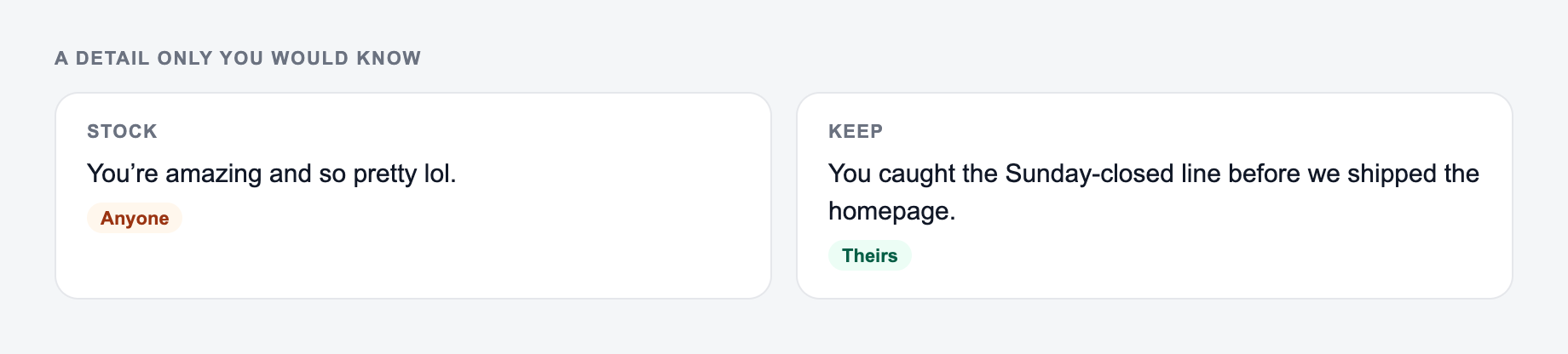 Screenshot from the AI Compliment Generator showing a compliment that names the thing you saw, versus you-are-amazing