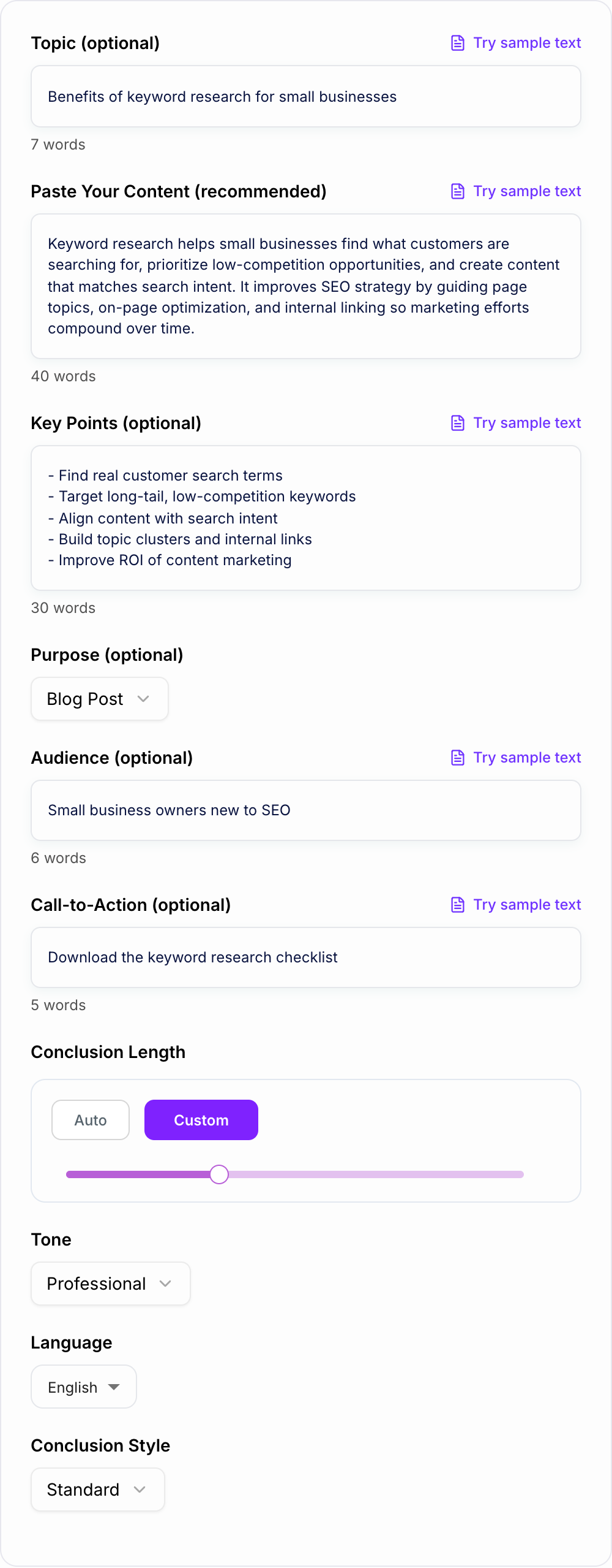 Screenshot of the AI Conclusion Generator form